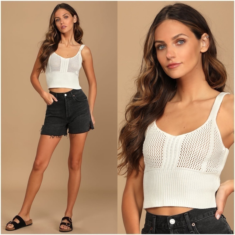 LULU’S Stay Beautiful Ivory Loose Knit Cropped Sweater Tank Top